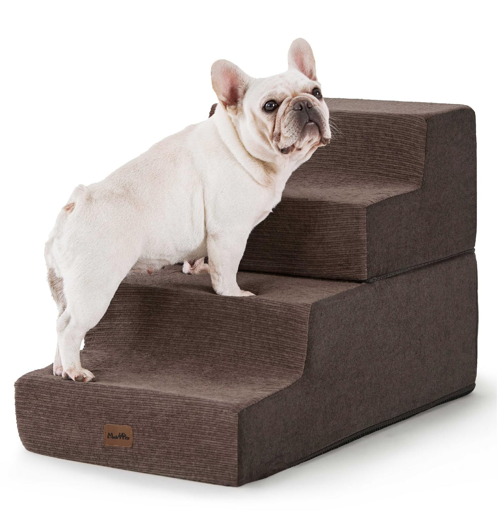 Made4Pets Dog Steps for Bed Extra Wide Dog Stairs for High Bed Couch Sofa 35D Foam Pet Steps for Small Dogs and Cats Non-Slip Bottom Pet Stairs Brown 4 Steps